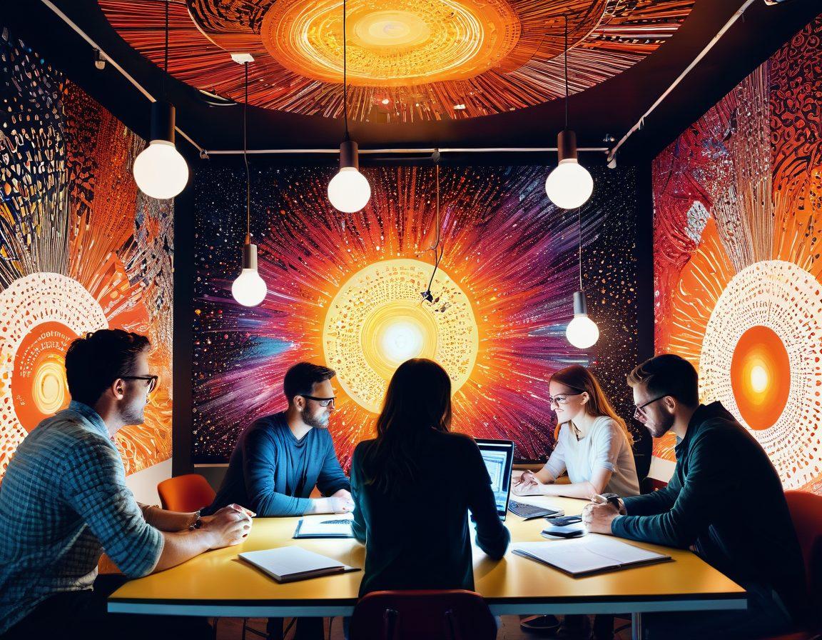 A captivating scene showcasing a diverse group of people deeply engaged in content creation, with colorful, dynamic visuals representing different mediums like writing, video, and graphic design around them. Emphasize creativity and connection, with a glowing light bulb symbolizing ideas above their heads. The background should be lively, filled with abstract shapes symbolizing engagement and interaction. super-realistic. vibrant colors. creative workspace.