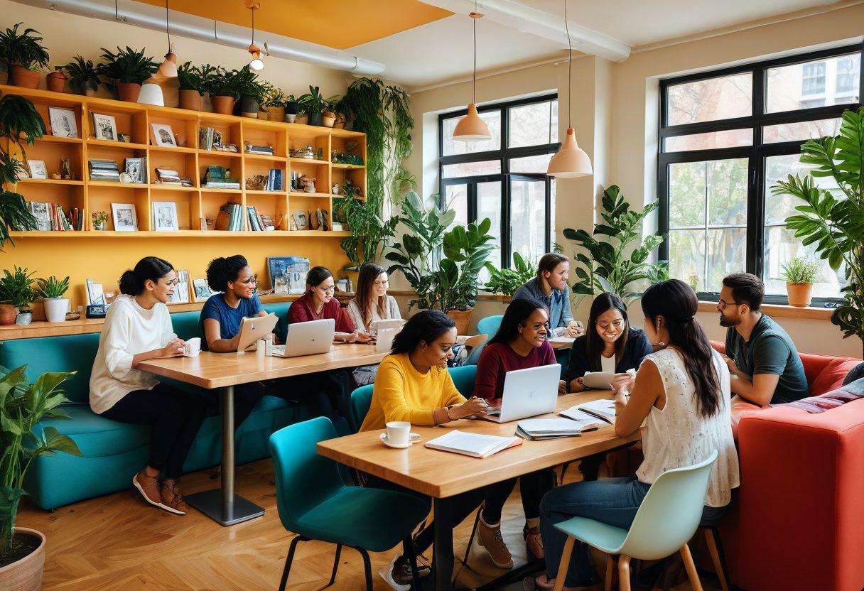 A diverse group of bloggers gathered in a cozy, well-lit café, engaging in animated conversations and sharing ideas over laptops and notes. The scene should depict a warm atmosphere with colorful decor, including plants and bookshelves in the background. Each person should represent different cultures and backgrounds to emphasize community diversity. Include warm lighting and a sense of joy and collaboration. vibrant colors. illustration.