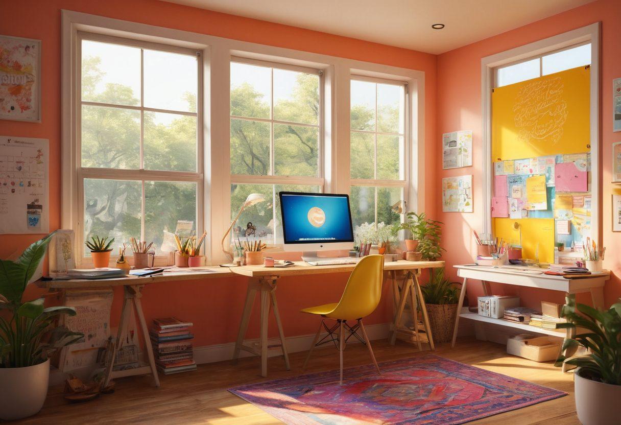 A creative workspace featuring a computer screen displaying a visually captivating digital story. Surrounding elements include colorful illustrations, a notebook with brainstorming doodles, and inspirational quotes on sticky notes. A warm sunlight filters in through a window, creating an inviting atmosphere for storytelling. Include vibrant colors, a touch of whimsy, and an emphasis on creativity. super-realistic. vibrant colors. soft lighting.
